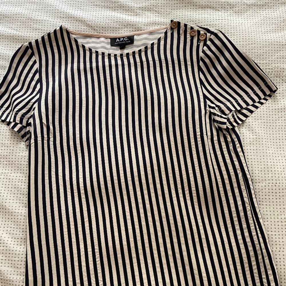 Size 36 APC black and white striped short sleeve blouse with button detailing